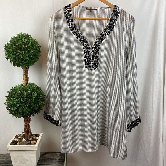 Adrienne Vittadini Black & White Stripe Embellished Sheer Tunic Blouse Top XL - Picture 2 of 8